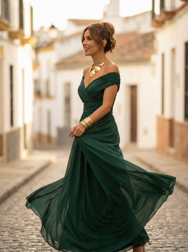 Robe Longue Femme Col Bardot Soirée