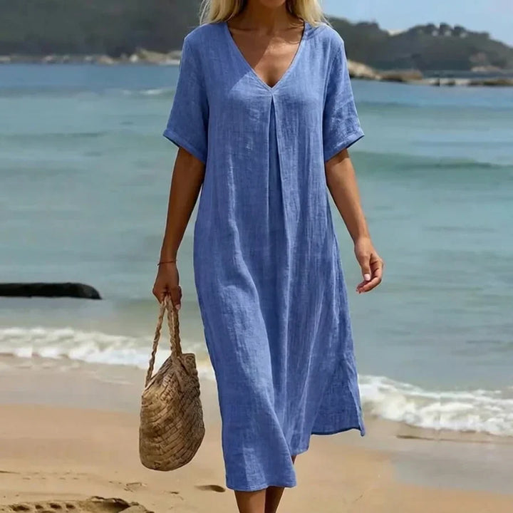 Robe Midi Femme Col V Manches Courtes Fluide