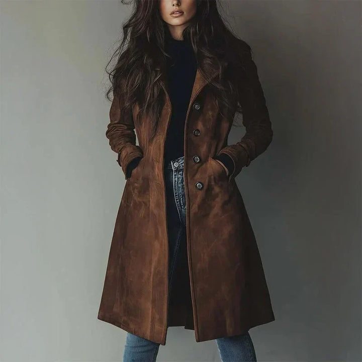Veste Daim Longue Femme Col Classique