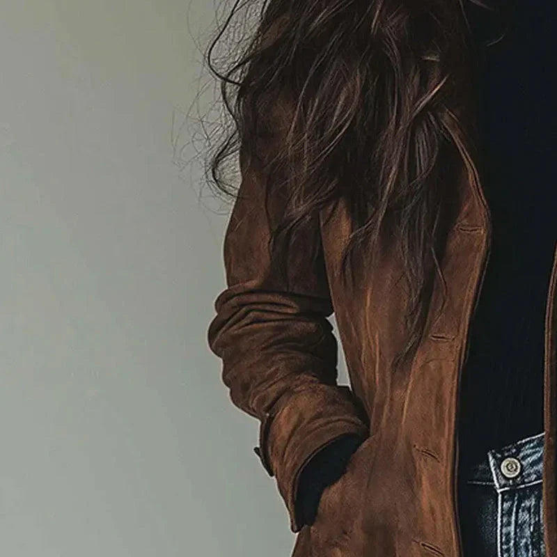 Veste Daim Longue Femme Col Classique
