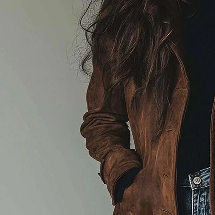Veste Daim Longue Femme Col Classique
