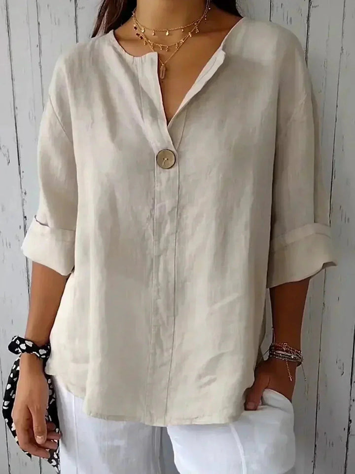 Blouse en Lin Femme Col V Manches Retroussées