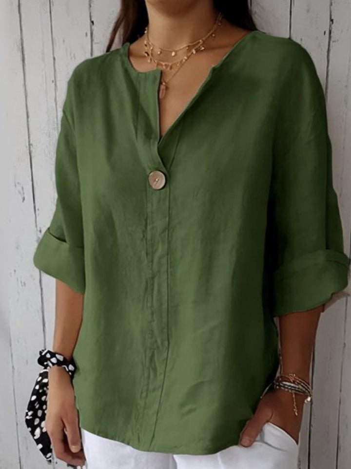 Blouse en Lin Femme Col V Manches Retroussées
