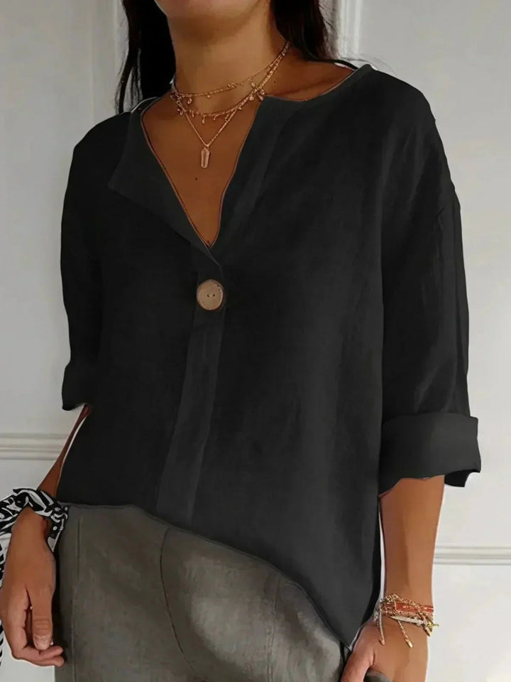 Blouse en Lin Femme Col V Manches Retroussées