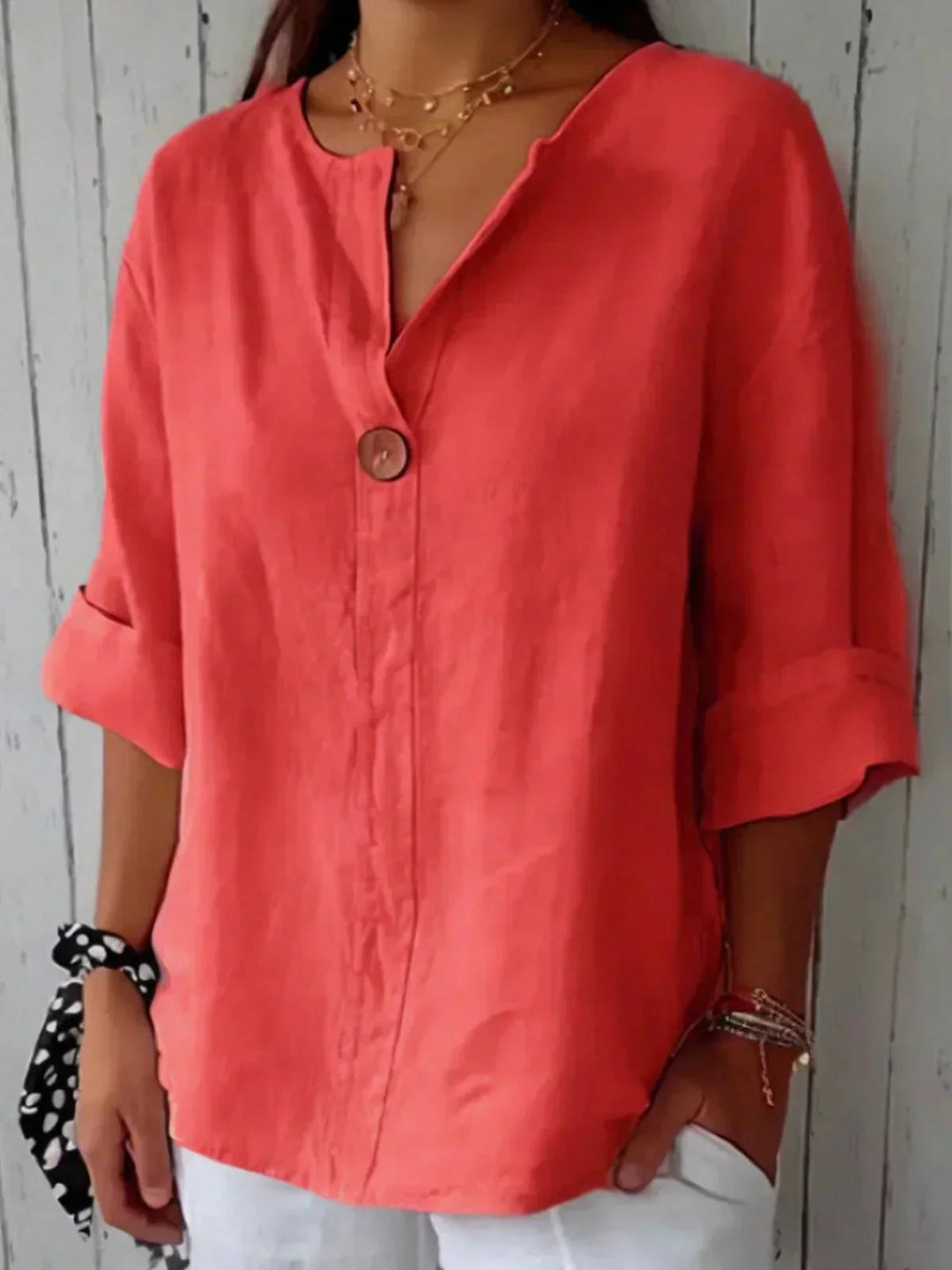 Blouse en Lin Femme Col V Manches Retroussées