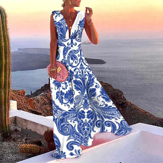 Robe Maxi Imprimée Col V Femme Sans Manches