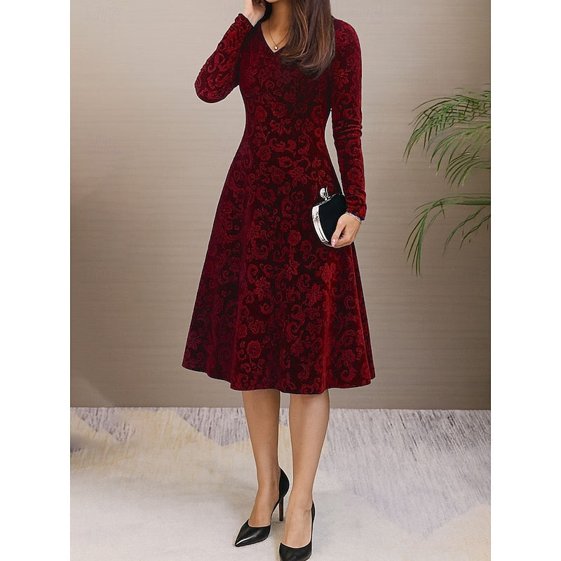 Women's Floral Print Long-Sleeve A-Line Midi Dress